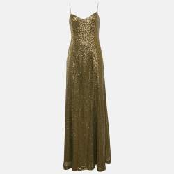 Ralph Lauren Evening Olive Green Sequin Mesh Maxi Dress XL
