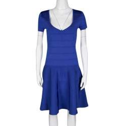Pre Owned Ralph Lauren Sapphire Blue Short Sleeve Bandage Skater Dress L