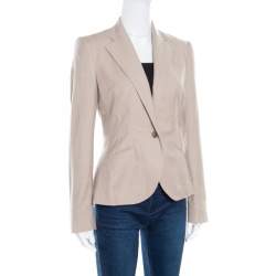 Pre Owned Ralph Lauren Beige Wool Herringbone Pattern Cynthia Blazer S