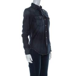 Pre Owned Ralph Lauren Blue Medium Wash Denim Vintage Finish Snap Button Shirt S