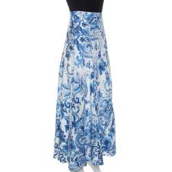 مملوكة مسبقًا Ralph Lauren White and Blue Paisley Print Silk Bria Maxi Skirt M