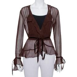 Pre Owned توب رالف لورين حرير بني بكشكشة مزينة مقاس كبير - لارج