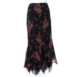 Pre Owned Ralph Lauren Black Floral Printed Silk Gathered Detailed Midi Skirt M