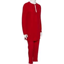 Pre Owned Ralph Lauren Red Crepe Long Sleeve Blouse & Pant M