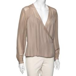 Pre Owned Ralph Lauren Taupe Silk Georgette Raina Wrap Blouse M