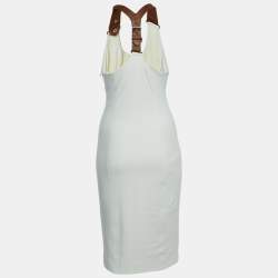Pre Owned Ralph Lauren Cream Double Knit Leather T-Back Davyn Midi Dress S