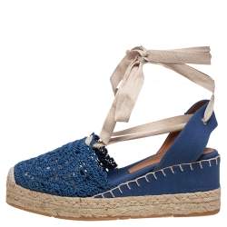 Pre Owned Ralph Lauren Blue Crochet Fabric Uma Espadrille Wedge Ankle Wrap Platform Sandals Size 41