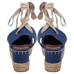 Pre Owned Ralph Lauren Blue Crochet Fabric Uma Espadrille Wedge Ankle Wrap Platform Sandals Size 41