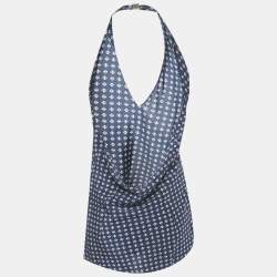 Pre Owned Ralph Lauren Purple Label Navy Blue Printed Silk Halter Top M