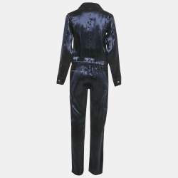 Pre Owned Ralph Lauren Purple Label Navy Blue Silk Lurex Long Sleeve Jumpsuit M