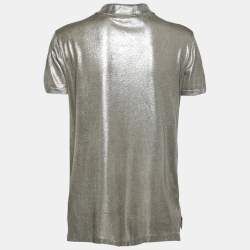 Pre Owned Ralph Lauren Purple Label Silver Metallic Silk-Knit Polo T-Shirt M
