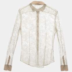 Pre Owned Ralph Lauren Purple Label Beige Lace Crepe Trimmed Button Front Shirt Blouse M