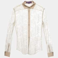 Pre Owned Ralph Lauren Purple Label Beige Lace Crepe Trimmed Button Front Shirt Blouse M