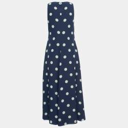 Ralph Lauren Purple Label Navy Blue Polka Dot Printed Silk Sleeveless A-Line Maxi Dress M