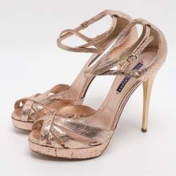 مملوكة مسبقًا صندل رالف لورين بيربل ليبل جلد ثعبان ذهبي وردي بحزام للكاحل مقاس 40.5