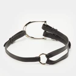 Pre Owned حزام رالف لورين جلد أسود ثلاثي الحزام بحلقة معدنية وسط حجم 90 سم