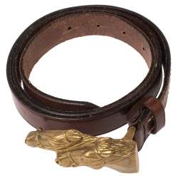 Pre Owned Ralph Lauren Brown Leather Double Horse Head Buckle Belt 90CM