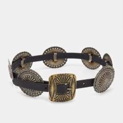 Pre Owned Ralph Lauren Black Leather Crest Embellished Belt S