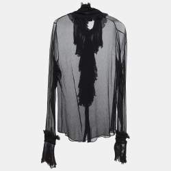 Pre Owned Ralph Lauren Black Silk Crepe Ruffled Shirt Top M
