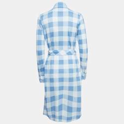 Pre Owned Ralph Lauren Blue/White Plaid Knit Oxford Cotton Belted Dress L