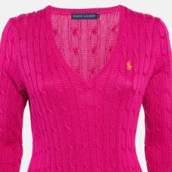 Pre Owned Ralph Lauren Pink Cable Knit V-Neck Long Sleeve Sweater L