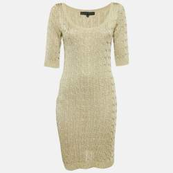 Pre Owned Ralph Lauren Gold Cable Lurex Knit Mini Dress M