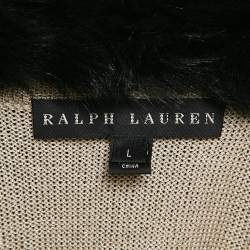Ralph Lauren Beige Shearling Trim Collar Lurex Knit Button Up Cardigan L