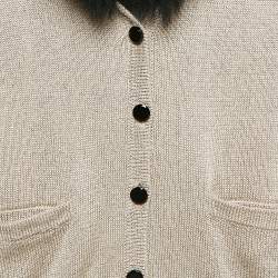 Ralph Lauren Beige Shearling Trim Collar Lurex Knit Button Up Cardigan L