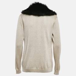 Ralph Lauren Beige Shearling Trim Collar Lurex Knit Button Up Cardigan L