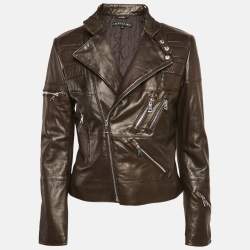 Pre Owned Ralph Lauren Leather Brown Leather Zip Detail Riders Jacket M