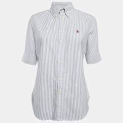 Pre Owned Ralph Lauren White/Blue Stripe Cotton Half Sleeve Shirt M