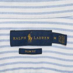 Pre Owned Ralph Lauren White/Blue Stripe Cotton Half Sleeve Shirt M