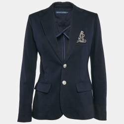 Pre Owned Ralph Lauren Navy Blue Logo Applique Cotton Single Breasted Blazer S