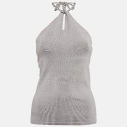 Ralph Lauren Grey Lurex Knit Tie-Up Halter Neck Top M
