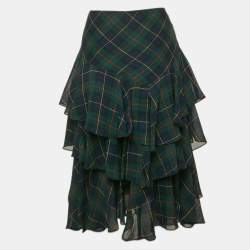 Pre Owned Ralph Lauren Green/Multicolor Plaid Crepe Tiered Midi Skirt S