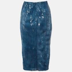 Pre Owned Ralph Lauren Purple Label Blue Sequin Midi Skirt M