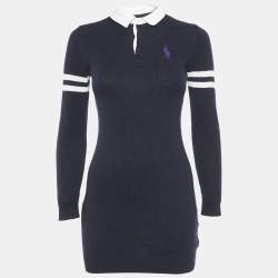 Pre Owned Ralph Lauren Navy Blue Cotton Knit Polo Sweater Dress L