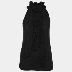 Pre Owned Ralph Lauren Black Silk Ruffled Neck Tie Sleeveless Tops Size M