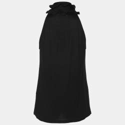 Pre Owned Ralph Lauren Black Silk Ruffled Neck Tie Sleeveless Tops Size M