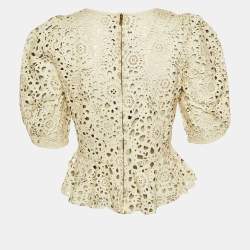 Pre Owned Ralph Lauren Cream Floral Cut Out Leather Peplum Top L
