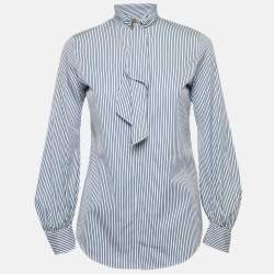 Ralph Lauren Blue Stripe Cotton Neck Detail Button Front Blouse S