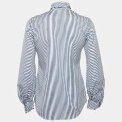 Ralph Lauren Blue Stripe Cotton Neck Detail Button Front Blouse S