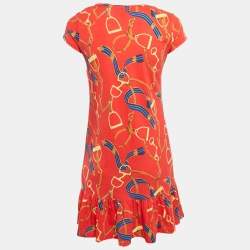 Ralph Lauren Red Printed Cotton Knit Ruffle Hem Mini Dress XL