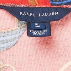 Ralph Lauren Red Printed Cotton Knit Ruffle Hem Mini Dress XL
