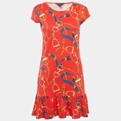 Ralph Lauren Red Printed Cotton Knit Ruffle Hem Mini Dress XL