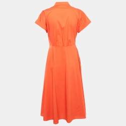 Pre Owned Lauren Ralph Lauren Orange Cotton Tie-Up Detail Midi Dress M