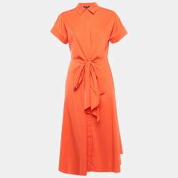 Pre Owned Lauren Ralph Lauren Orange Cotton Tie-Up Detail Midi Dress M