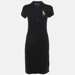 Ralph Lauren Black Cotton Embellished Logo Polo Dress S