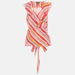 Pre Owned Lauren Ralph Lauren Pink/Multicolor Stripe Print Cotton Wrap Top S