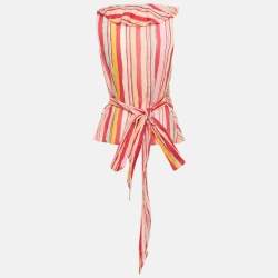 Pre Owned Lauren Ralph Lauren Pink/Multicolor Stripe Print Cotton Wrap Top S